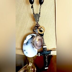 Vintage Black Bead Rosary with Precious Gemstone Fall Charms & 925 Bracelet